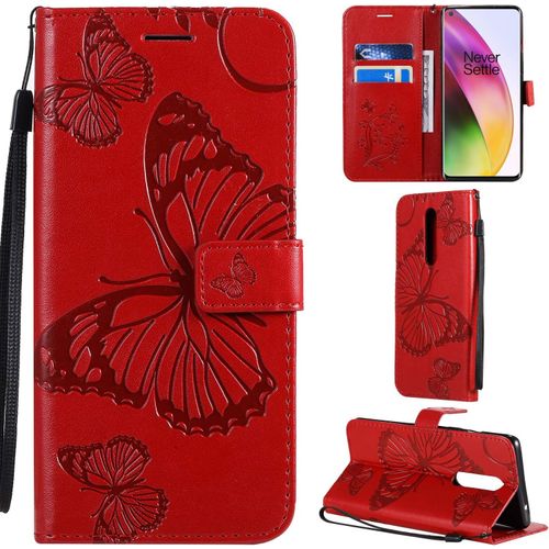 Oneplus 8 Coque Modèle 3d Papillon Pu Cuir Flip Housse Étui Cover Case Wallet Portefeuille Support Béquille Dragonne Fermeture Magnétique Pour Oneplus 8 - Rouge