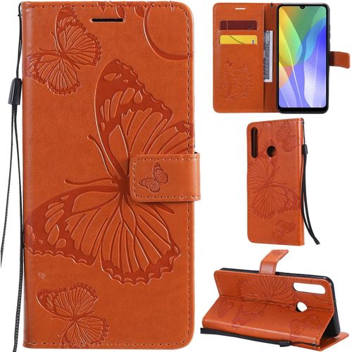 Huawei Y6p Coque Modèle 3d Papillon Pu Cuir Flip Housse Étui Cover Case Wallet Portefeuille Support Béquille Dragonne Fermeture Magnétique Pour Huawei Y6p - Orange