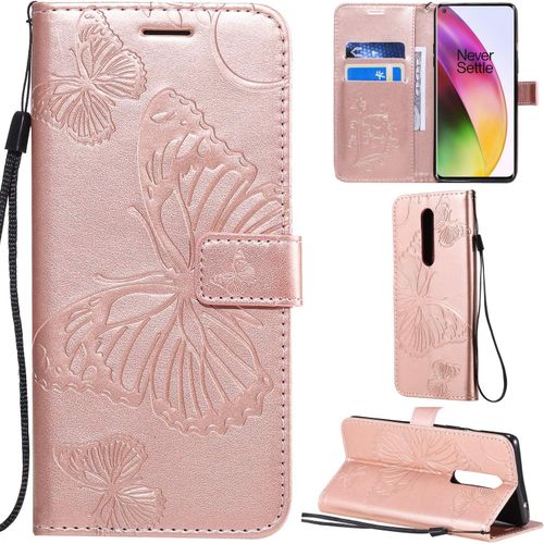 Oneplus 8 Coque Modèle 3d Papillon Pu Cuir Flip Housse Étui Cover Case Wallet Portefeuille Support Béquille Dragonne Fermeture Magnétique Pour Oneplus 8 - Or Rose