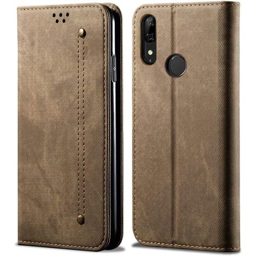 Coque Huawei Y9 Prime 2019, Rétro Denim Housse En Cuir Magnétique Portefeuille À Rabat Avec Béquille Etui Coque Pour Huawei Y9 Prime 2019 Kaki