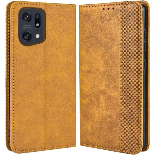 Coque En Rétro Cuir Pour Oppo Find X5 Premium Etui En Pochette Avec Fentes Pour Cartes Et Espèces Marron