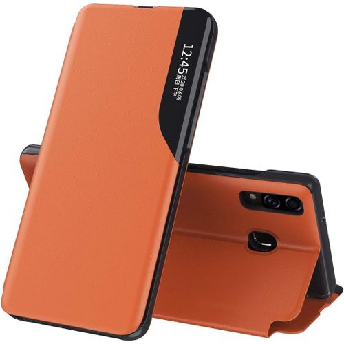 Étui En Cuir Pu Pour Galaxy A30 Coque, Smart View Fenêtre Flip Stand Cover Housse De Protection Pour Samsung Galaxy A30 Orange