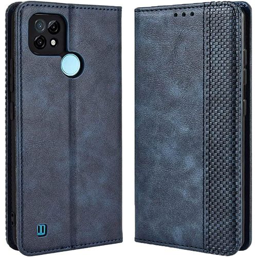 Coque En Rétro Cuir Pour Realme C21 Premium Etui En Pochette Avec Fentes Pour Cartes Et Espèces Bleu