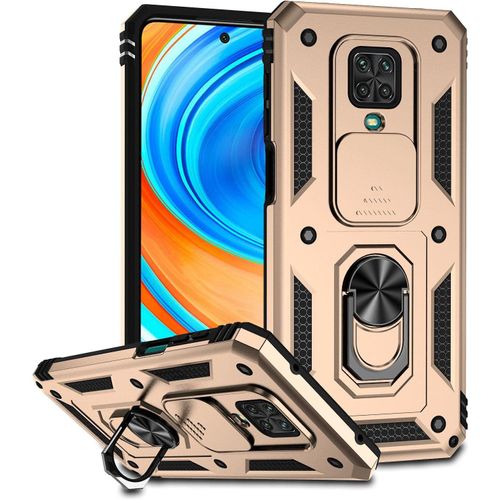 Redmi Note 9 Pro Coque, Étui De Protection Robuste Avec Support À Bague Béquille Et Lentille Coulissante Couverture Pour Xiaomi Redmi Note 9s/9 Pro/9 Pro Max Or