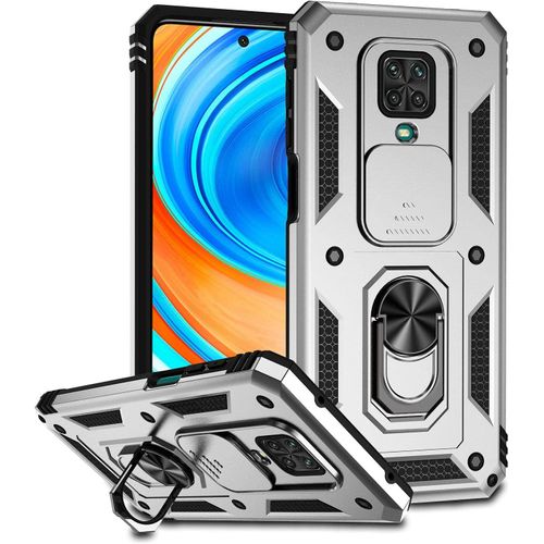 Redmi Note 9 Pro Coque, Étui De Protection Robuste Avec Support À Bague Béquille Et Lentille Coulissante Couverture Pour Xiaomi Redmi Note 9s/9 Pro/9 Pro Max Argent