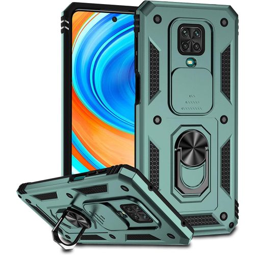 Redmi Note 9 Pro Coque, Étui De Protection Robuste Avec Support À Bague Béquille Et Lentille Coulissante Couverture Pour Xiaomi Redmi Note 9s/9 Pro/9 Pro Max Vert