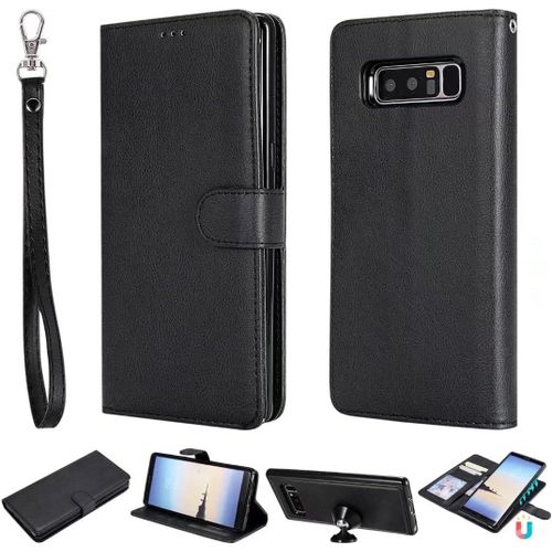 Coque Pour Samsung Galaxy Note 8 Étui Rabat Porte Portefeuille 3 Fentes Pour Cartes Stand Support Magnétique 2 En 1 Amovible 360° Antichoc 2& Verre Trempé,Le Noir