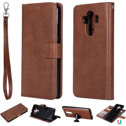 Coque Pour Huawei Mate 10 Pro Étui Rabat Porte Portefeuille 3 Fentes Pour Cartes Stand Support Magnétique 2 En 1 Amovible 360° Antichoc 2& Verre Trempé,Brun