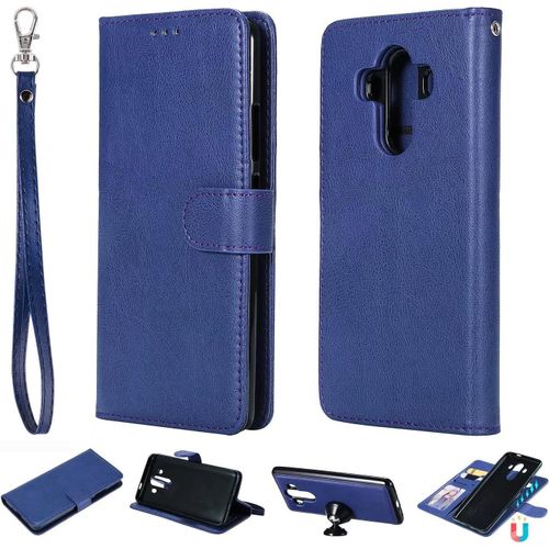 Coque Pour Huawei Mate 10 Pro Étui Rabat Porte Portefeuille 3 Fentes Pour Cartes Stand Support Magnétique 2 En 1 Amovible 360° Antichoc 2& Verre Trempé,Bleu
