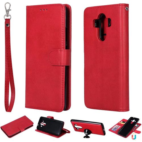 Coque Pour Huawei Mate 10 Pro Étui Rabat Porte Portefeuille 3 Fentes Pour Cartes Stand Support Magnétique 2 En 1 Amovible 360° Antichoc 2& Verre Trempé,Rouge