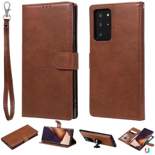 Coque Pour Samsung Galaxy Note 20 Ultra Étui Rabat Porte Portefeuille 3 Fentes Pour Cartes Stand Support Magnétique 2 En 1 Amovible 360° Antichoc 2& Verre Trempé,Brun