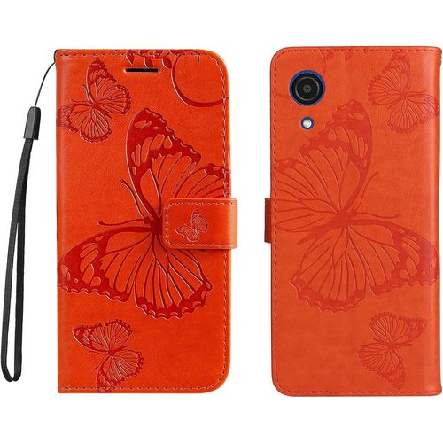 Coque Pour Samsung Galaxy A03 Core Avec Verre Trempé , Bookstyle Papillon De Gaufrage Housse En Pu Cuir Case À Rabat Coque De Protection Portefeuille Cover Orange