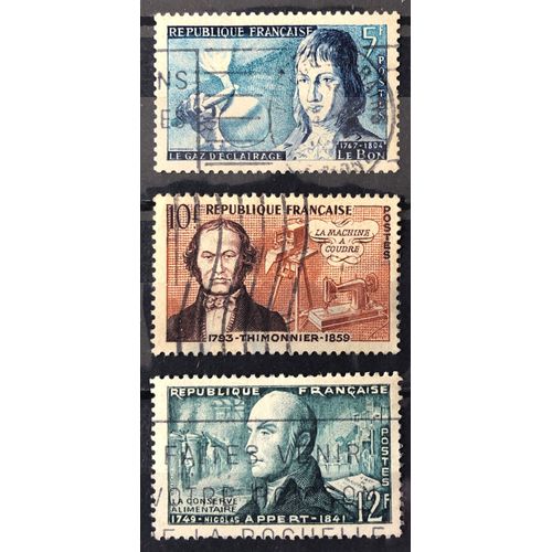 Inventeurs Célèbres 1955 - Philippe Le Bon 5f (N° 1012) + Barthélémy Thimonnier 10f (N° 1013) + Nicolas Appert - Conserves Alimentaires 12f (N° 1014) Obl - France Année 1955 - Brn83 - N33268