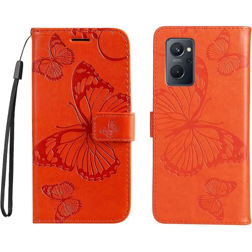 Coque Pour Oppo Realme 9i/A36/A76 Avec Verre Trempé Bookstyle Papillon De Gaufrage Housse En Pu Cuir Case À Rabat Coque De Protection Portefeuille Cover Orange