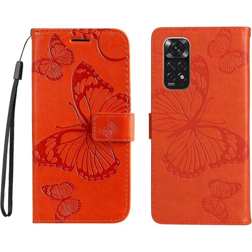 Coque Pour Xiaomi Redmi Note 11 4g Avec Verre Trempé Bookstyle Papillon De Gaufrage Housse En Pu Cuir Case À Rabat Coque De Protection Portefeuille Cover Orange