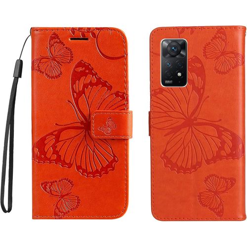 Coque Pour Xiaomi Redmi Note 11 Pro 4g/5g Avec Verre Trempé Bookstyle Papillon De Gaufrage Housse En Pu Cuir Case À Rabat Coque De Protection Portefeuille Cover Orange