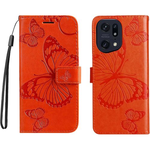Coque Pour Oppo Find X5 Pro Avec Verre Trempé Bookstyle Papillon De Gaufrage Housse En Pu Cuir Case À Rabat Coque De Protection Portefeuille Cover Orange