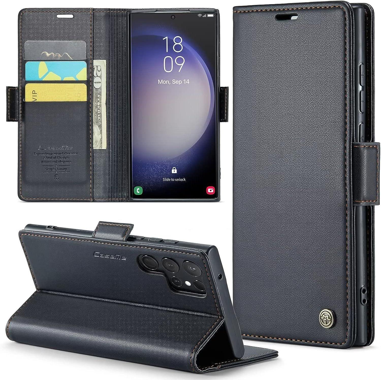 Coque pour Samsung Galaxy S23 Ultra +[ 2 Pièces Verre Trempé d'écran] Etui  Protection Housse Premium en Cuir PU Pochette Fermeture Magnétique Flip  Case, Noir