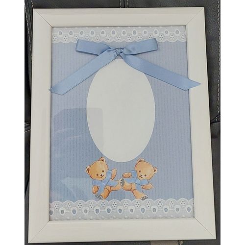 cadre photo naissance garçon noeuds bleus petits oursons entourage bois