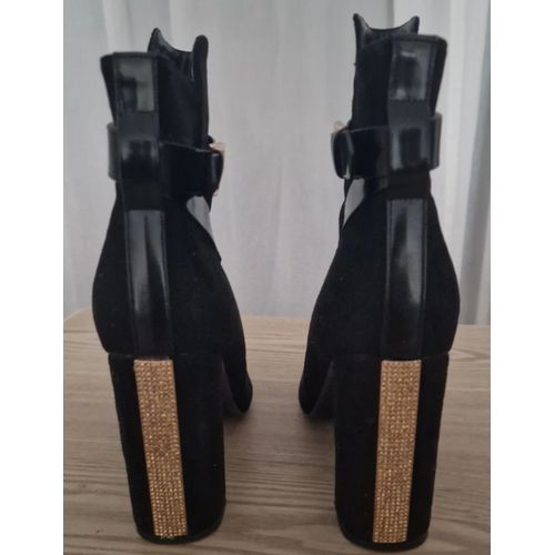 Boots Effet Velours Noir Talons Hauts Carrès Avec Strass Dorès T40 - 39