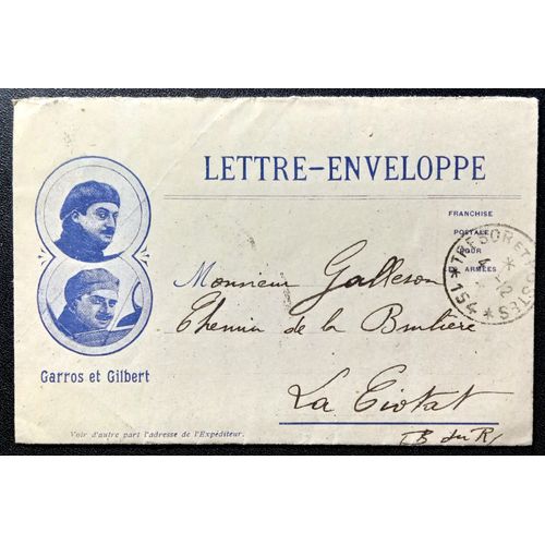 Guerre 14-18 : Lettre Enveloppe En Franchise "Portraits Aviateurs Garros Et Gilbert" 1916