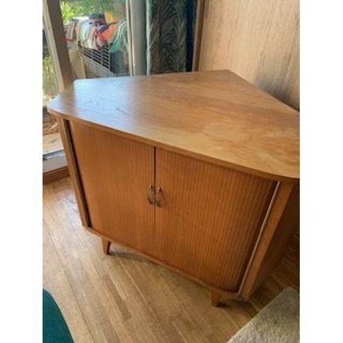 Meuble Bas Angle Mid Century Modern 1960 - Chêne Clair - Portes Rouleaux - Inserts Style Signature Dorés