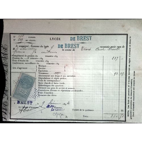 Timbre Fiscal Quittances 25c Bleu 1894 Sur Reçu Lycée De Brest