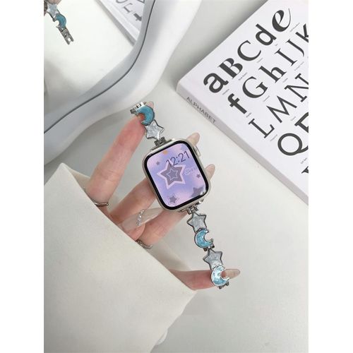Chaîne En Métal Polyvalente Étoile Et Lune Niche Iwatch Adaptée À Applewatch Apple S987 Bracelet De Montre Se-Lune Bleue Étoile Bleue - Métal Argenté - 38 Mm/40 Mm/41 Mm