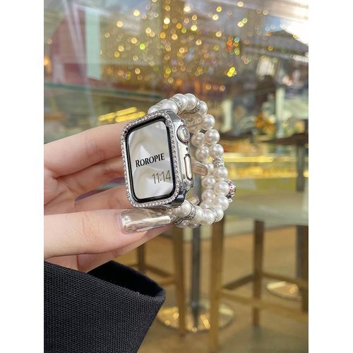 Convient Pour Apple Watch Applewatch Bracelet De Montre Pearl Haut De Gamme Pour Femme Iwatch2345678 Génération Se-Nacre Blanche + Coquillage Diamant Pour Tour De Poignet De 14 À 15 Cm - 42 Mm 1 À 3