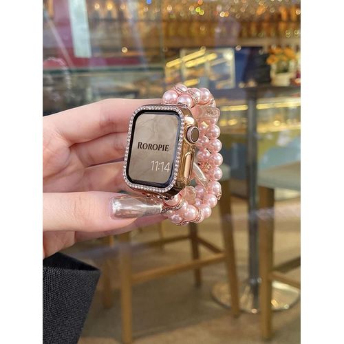 Convient Pour Apple Watch Applewatch Bracelet De Montre Pearl Haut De Gamme Pour Femme Iwatch2345678 Génération Se-Nacre Rose + Coquillage Diamant Pour Tour De Poignet De 14 À 15 Cm - 40 Mm 4-6 Géné