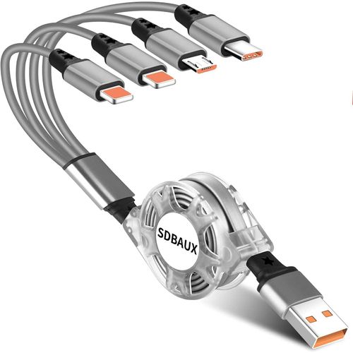 3a/1m Multi Cble 4 En 1, Usb Rtractable Chargeur Rapide Avec 2 Ip/Type C/Micro Usb Port Pour Ip, Samsung Galaxy, Google Pixel 4xl, Lg, Ps4(Charge Uniquement)