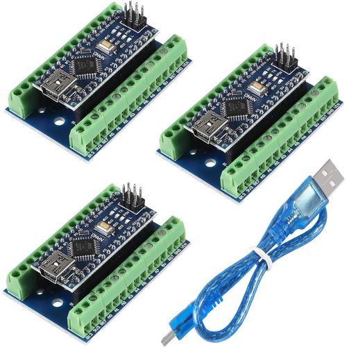 3Pcs Module Nano Soud,Puce Nano Board Ch340,5 V 16 Mhz Pour Arduino,Avec Un Cble Micro Usb Et 3 Cartes D'Extension De Bouclier D'Adaptateur De Terminal Nano