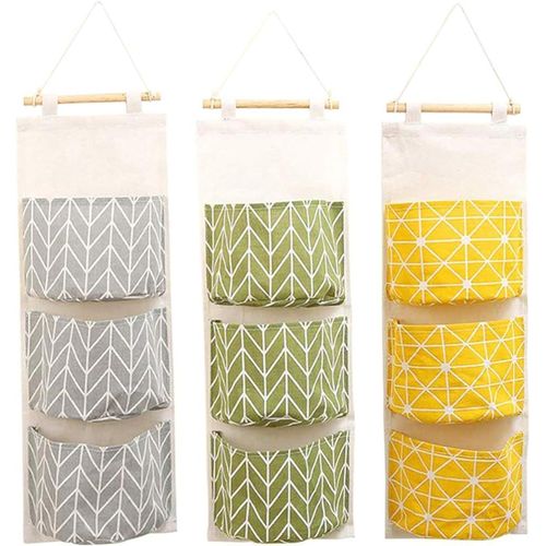 3pcs Sac De Rangement Suspendu Mignon En Tissu De Lin Derrire Porte Murale Pliable Pour Ranger Petits Choses Dans L'entre Jouets Bijoux Cls 3 Poches Vert