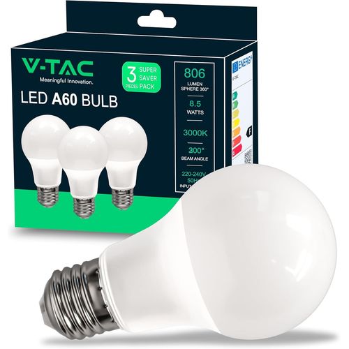 3x Ampoules Led E27 8,5w (quivalent 60w) A60-806 Lumen-3000k Blanc Chaud-Ouverture Du Faisceau Lumineux 200-Ampoule Led Efficacit Maximale Et conomie D'nergie-(Lot De 3)