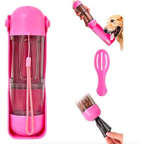 4 En 1 Gourde Bouteille D'eau Pour Chien, 300ml Distributeur D'eau Portable Avec Boite  Nourriture Pelle Crottes Sacs  Djections Canines Voyage Chat Promenade (Rose)