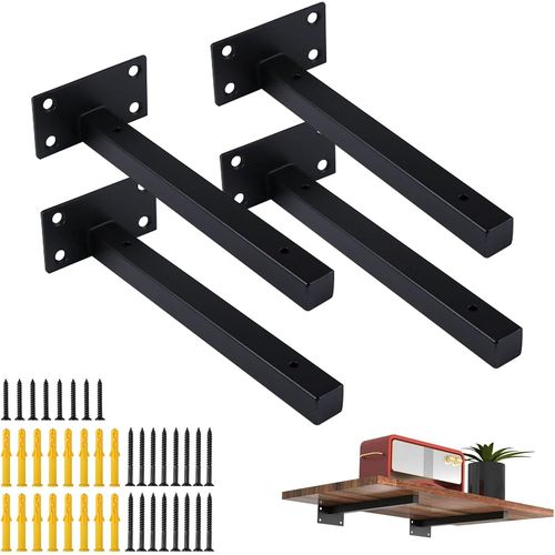 4 Pcs querre tagre 35cm Support tagere Pour Murale Fixation,Supports D'tagre Murale,Robuste Support DAngle,Support Flottant Industriels,Plateaux De Fixation Rtro En Mtal Avec Vis Noir