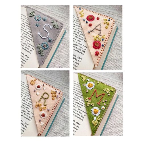 4 Pcs Marque-Page De Coin Brod  La Main Personnalis, Marque-Page De Lettre De Coin En Feutre Cousu  La Main, Signet Triangle En Feutre, Broderie De Lettre De Fleur Mignonne