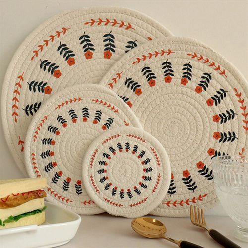 4 Pices paissir Rond Coton Tiss Coussin Isolant Tapis De Table Imprim Napperon Tasse Dessous Verre, Fleur