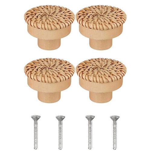 4 Pices - Lvent De Commode En Rotin Boho, Boutons De Fusion Ronds En Bois, Tisss  La Main Par L'unicef, Vis Pour Meubles Boho