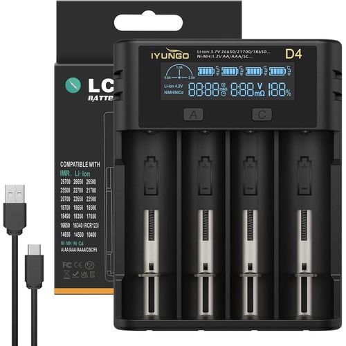 4 Slots Chargeur Piles Rechargeable Charge Rapide avec cran LCD Chargeur Rapide 18650, Convient pour Batterie au Lithium 3,7 V et Batterie AA AAA 1,2 V 20700 22700 26700 Ni-Mh/Ni-CD avec Port USB