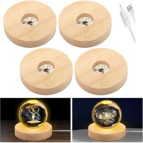 Socle d'affichage lumineux LED, base d'affichage LED en bois pour acrylique et plexiglas, base de lampe LED en résine de verre cristal avec interrupteur USB (4 pièces, multicolore, 9,9 cm, rond)