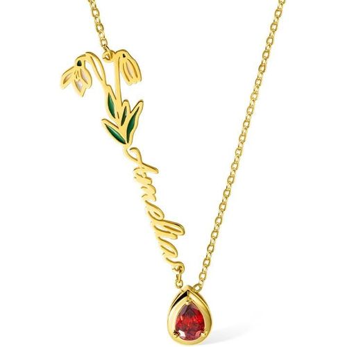 Collier Fleur De Naissance En Argent Sterling 925/Laiton Or/Or Rose Avec Pierre De Naissance Et Nom, Pendentif Fleur De Naissance Latéral, Cadeaux D'anniversaire De Noël Pour Femmes, Mère Et Fille, 3