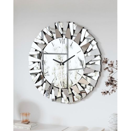 Horloge murale décorative à miroir : grande horloge ronde en miroir de 32 pouces avec cadre biseauté en verre argenté, ameublement de luxe Art déco pour salon, salle à manger, chambre à coucher
