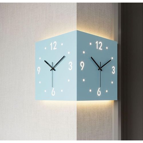 Horloge murale d'angle double face, horloge à capteur lumineuse pour décoration de chambre, design créatif, fonctionnement silencieux (bleu, avec lumière)
