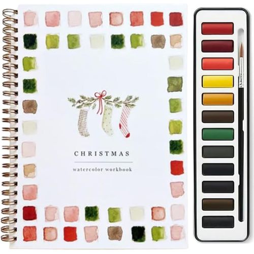 Cahier D'aquarelle, Cahiers D'aquarelle Pour Débutants, Ensemble De 12 Couleurs De Peinture Aquarelle Avec Pinceau, Fournitures De Peinture Pour Loisirs Créatifs (Noël)