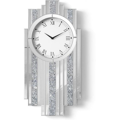 Horloge murale miroir argentée, 25,6 x 13,8 cm, avec cristaux scintillants et diamants concassés, moderne et silencieuse, grande horloge murale sans cadre, décoration murale en verre pour salon, maiso