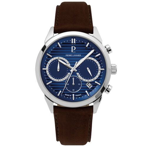 Montre Homme Monarck Argenté Cadran Bleu Bracelet Cuir Brun 22 Mm
