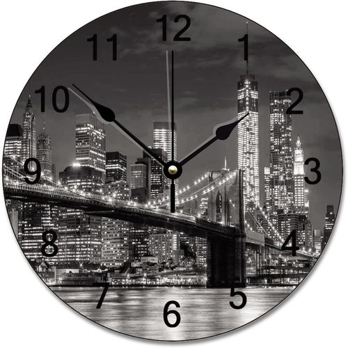 Horloge murale pont de Brooklyn, horloge lumineuse, horizon de New York, décoration murale, 10 pouces, fonctionne à piles, grande horloge murale décorative, silencieuse, ronde, en bois, horloges suspe