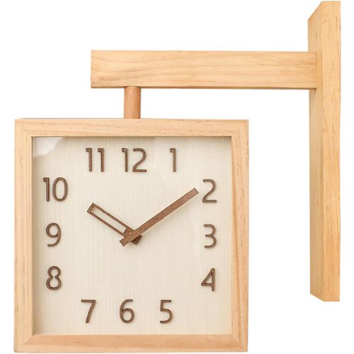 Horloge murale, horloge carrée simple, silencieuse et sans tic-tac, double face, décorative en bois, pour salon et maison (couleur bois foncé)