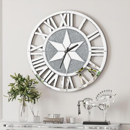 Horloge murale ronde en miroir : grande horloge décorative de 61 cm avec cadre en verre argenté biseauté et cristal brillant, décoration artistique moderne pour salon, salle d'étude